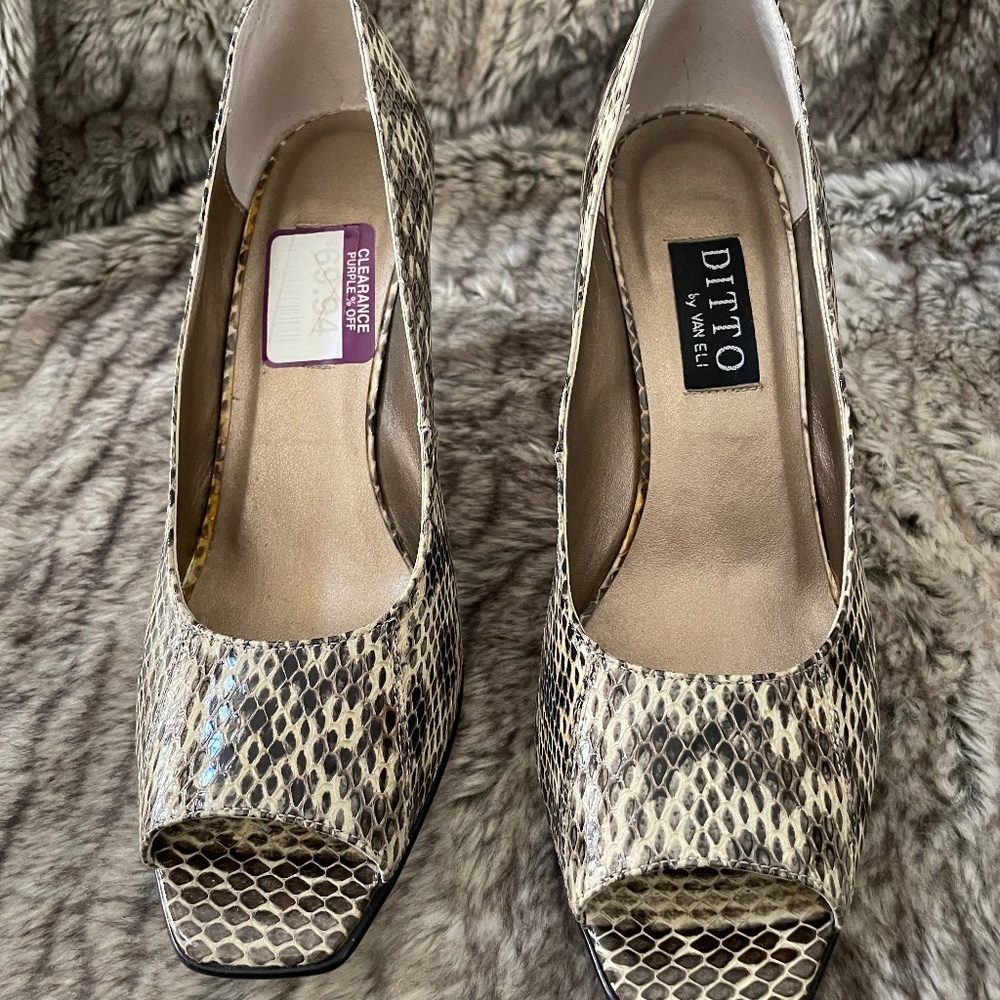 Shoe, snake skin pattern, 8.5 heel 2-inches, open toe